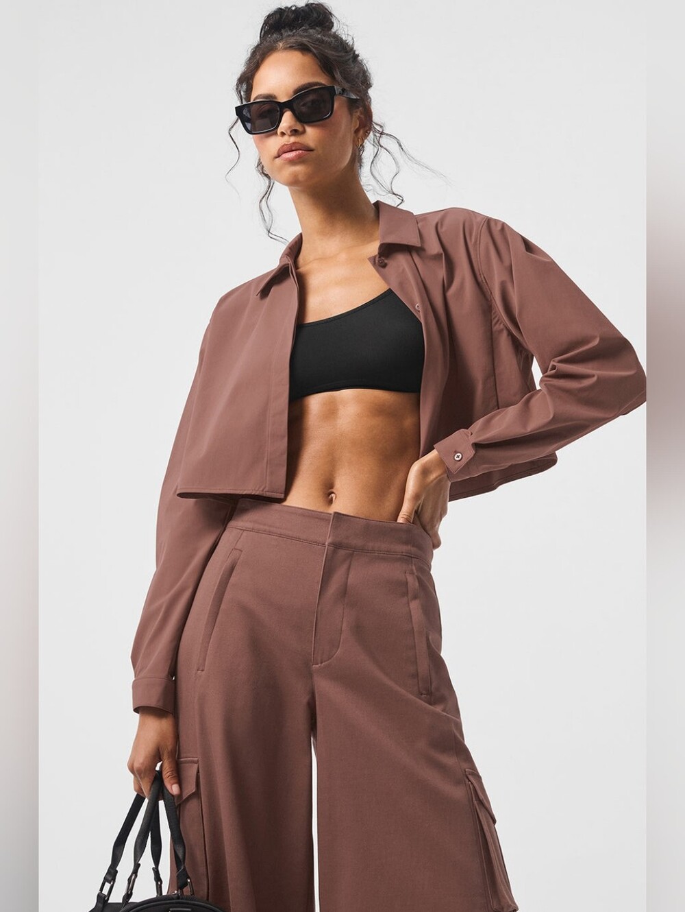 ALO Yoga Cropped Take Me Out Button Up XS In Chestnut
